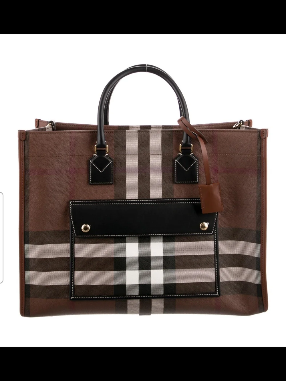 Burberry Brown Plaid Tote with Black Handles and Gold Hardware